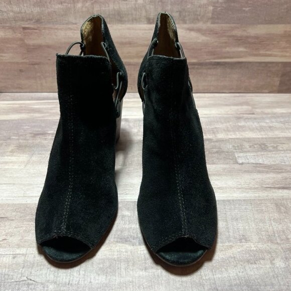 Lucky Brand Womens Black Suede Peep Toe Wedge Booties - Picture 2 of 12